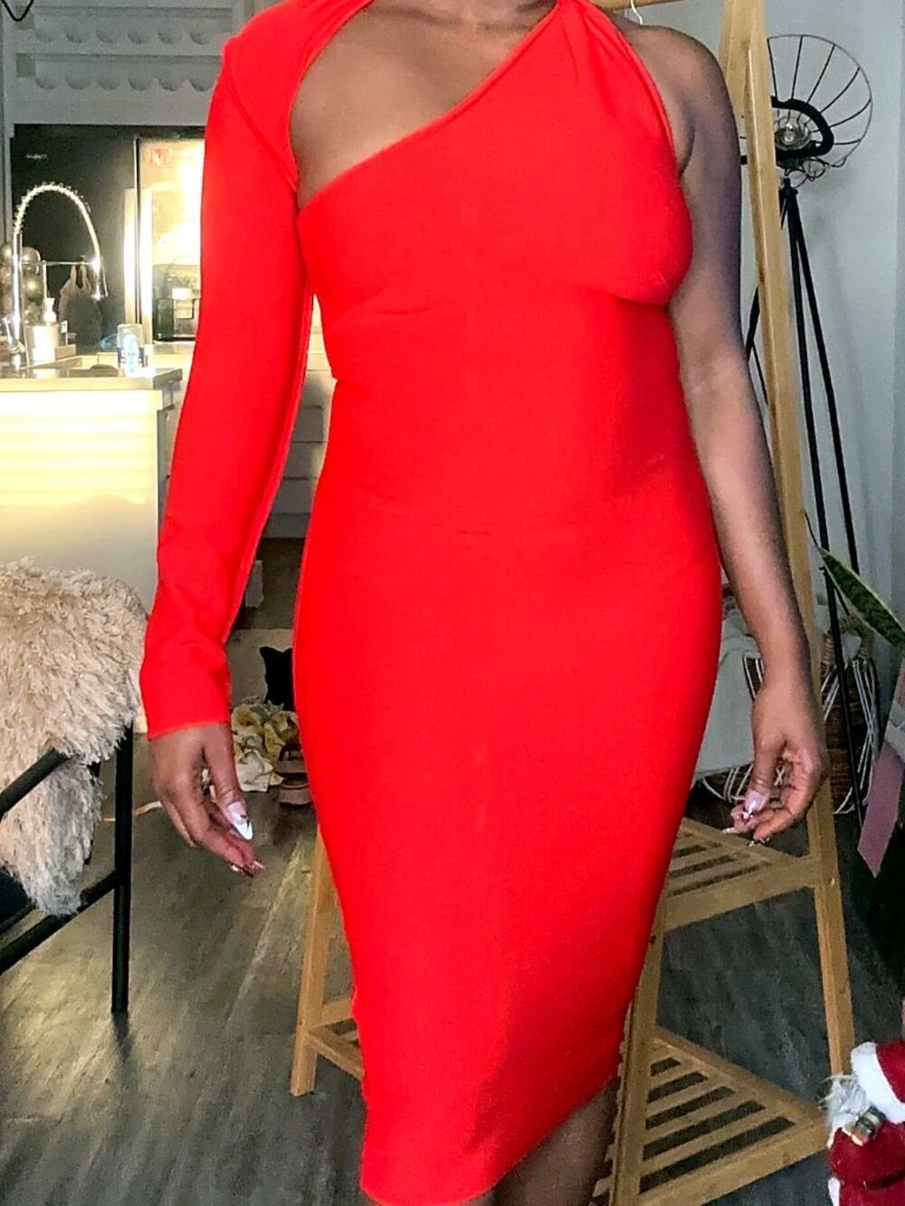 Fashion Nova Red One Shoulder Bodycon Midi Dress